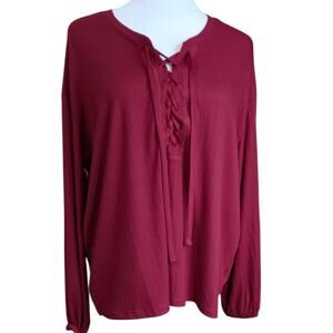 NEW TORRID 0‎ Blouse Top 12 Large Burgundy Boho Peasant Criss Cross Laces V-Neck